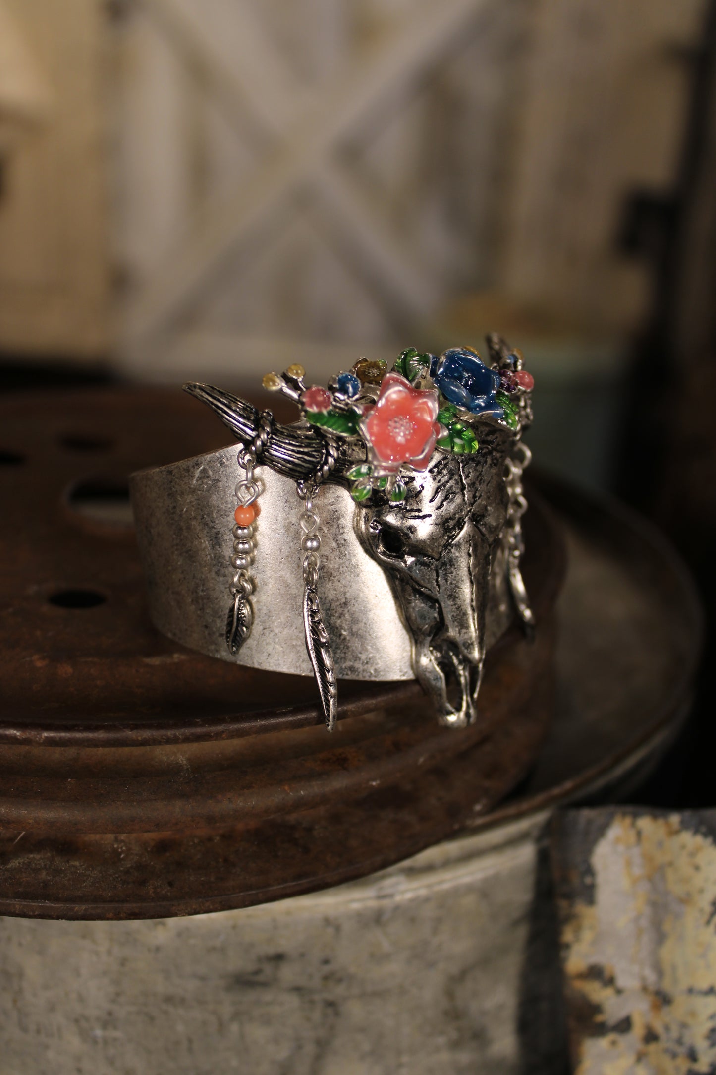 Steer Skull and Blossom Cuff