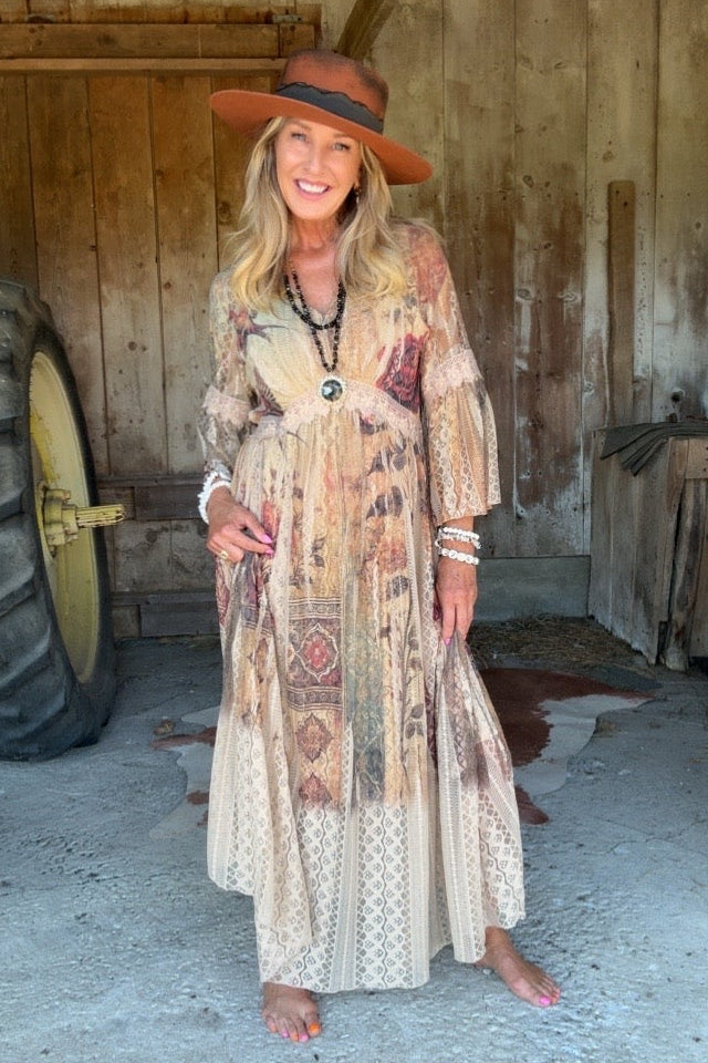 Lead Singer Vintage Bird Taupe Maxi Dress