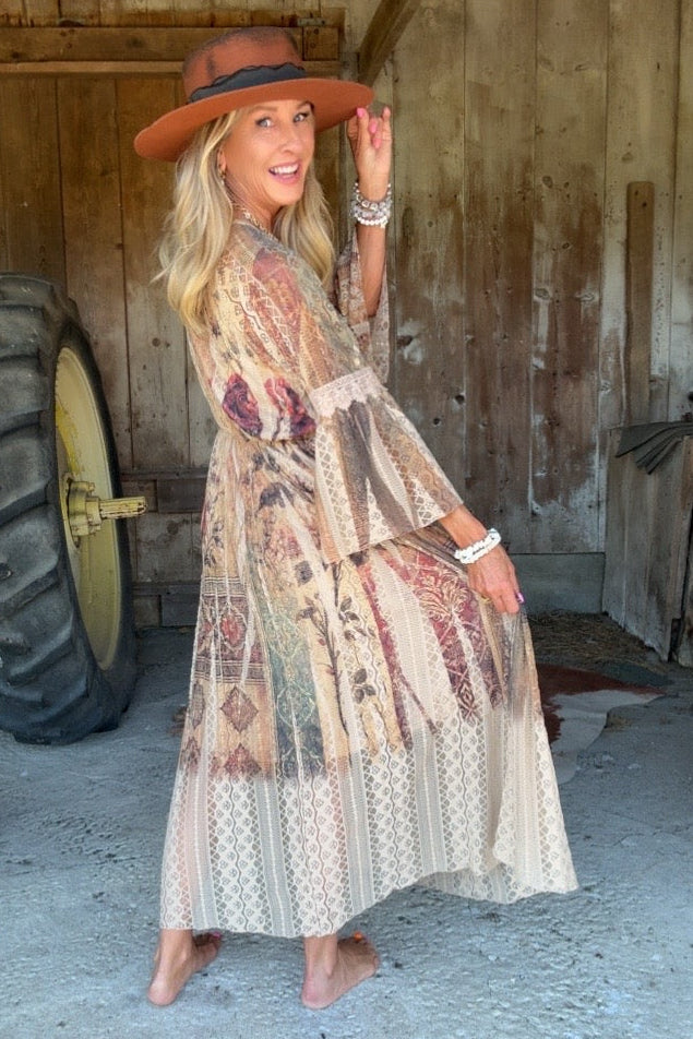 Lead Singer Vintage Bird Taupe Maxi Dress