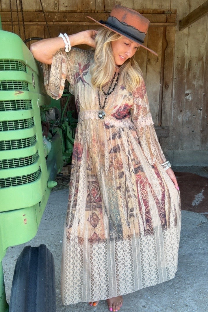 Lead Singer Vintage Bird Taupe Maxi Dress