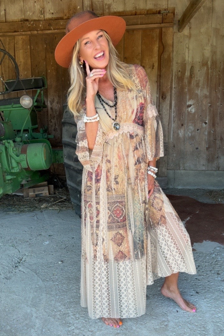 Lead Singer Vintage Bird Taupe Maxi Dress S