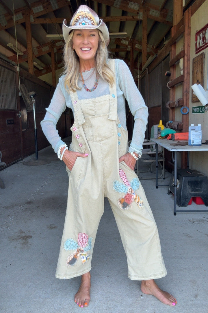 Flower Patch Khaki Overalls