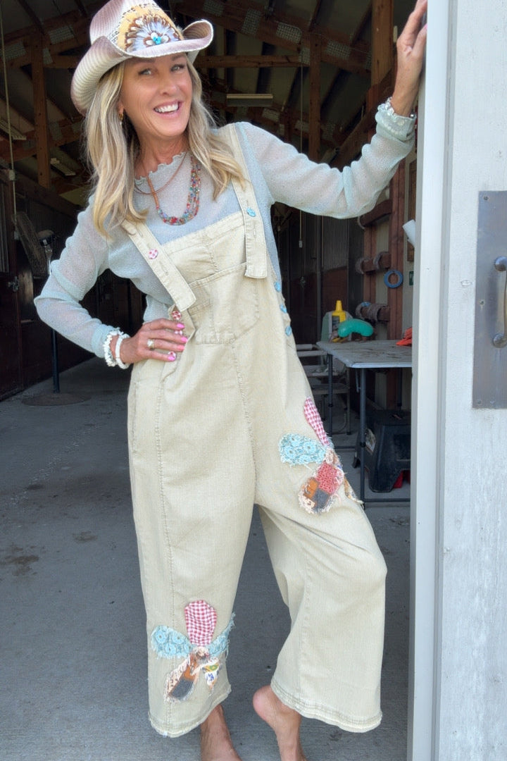 Flower Patch Khaki Overalls