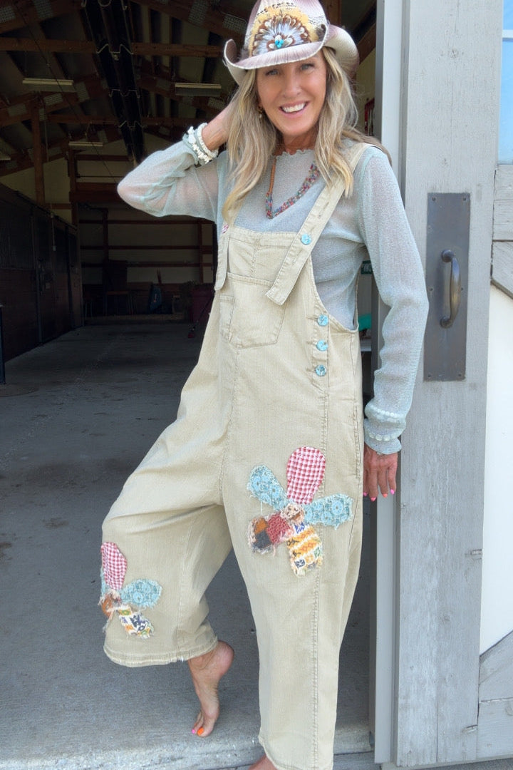 Flower Patch Khaki Overalls