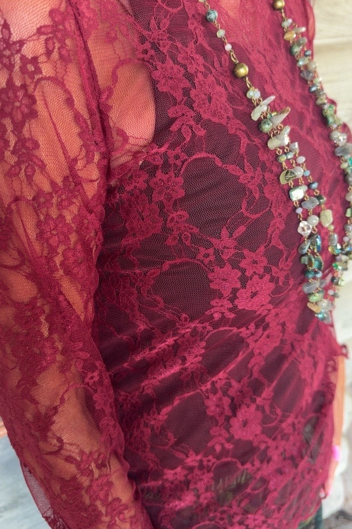 Crimson Bloom Mesh Blouse
