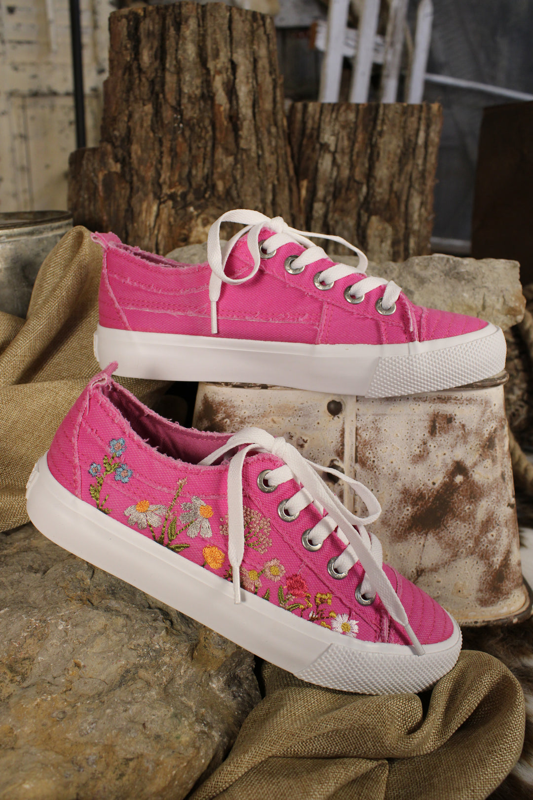 Vivid Pink Canvas Embroidered Sneakers