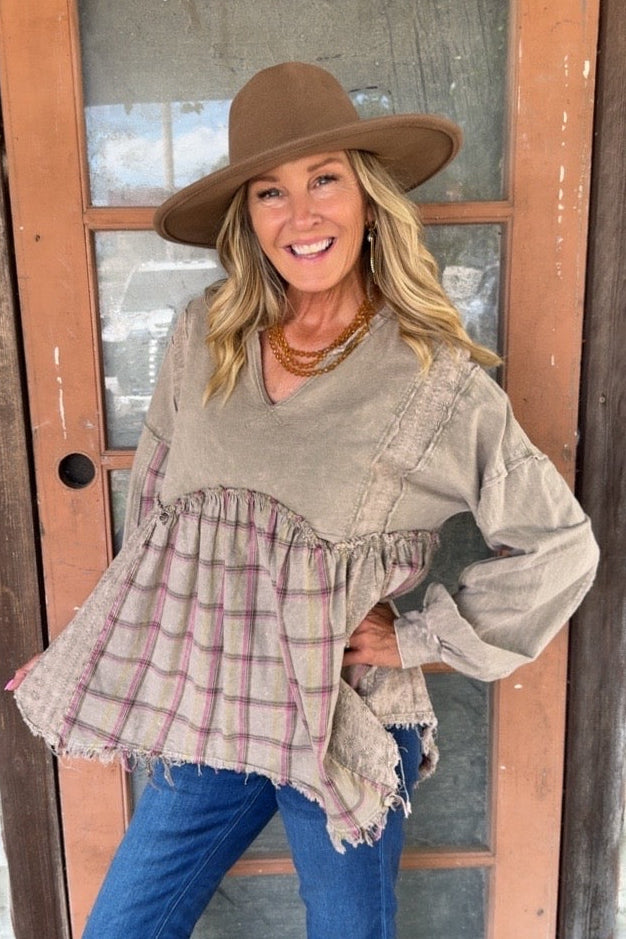 Plaid Petal Olive Babydoll Blouse