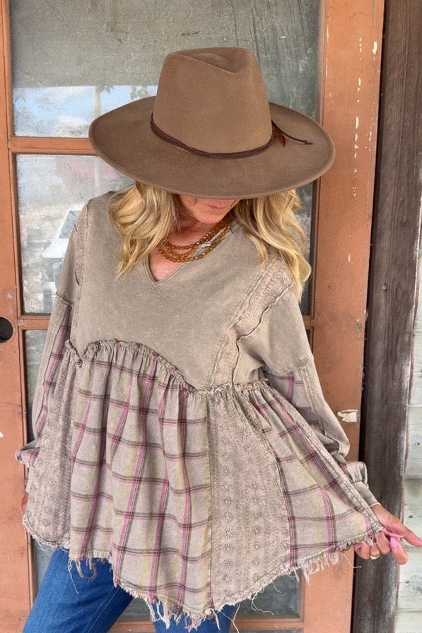 Plaid Petal Olive Babydoll Blouse