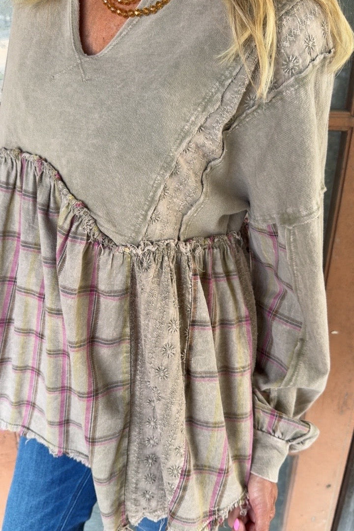 Plaid Petal Olive Babydoll Blouse