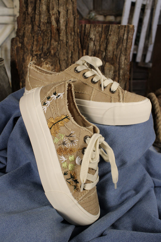 Sadie Sun Warm Taupe Embroidered Sneakers