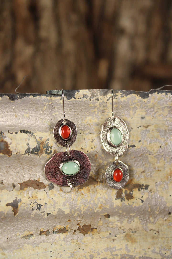Teal &amp; Crimson Vintage Silver Earrings