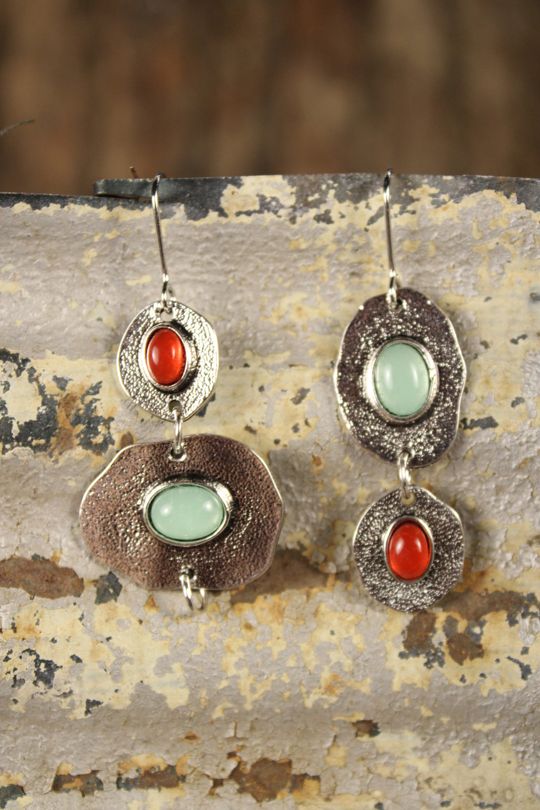Teal &amp; Crimson Vintage Silver Earrings