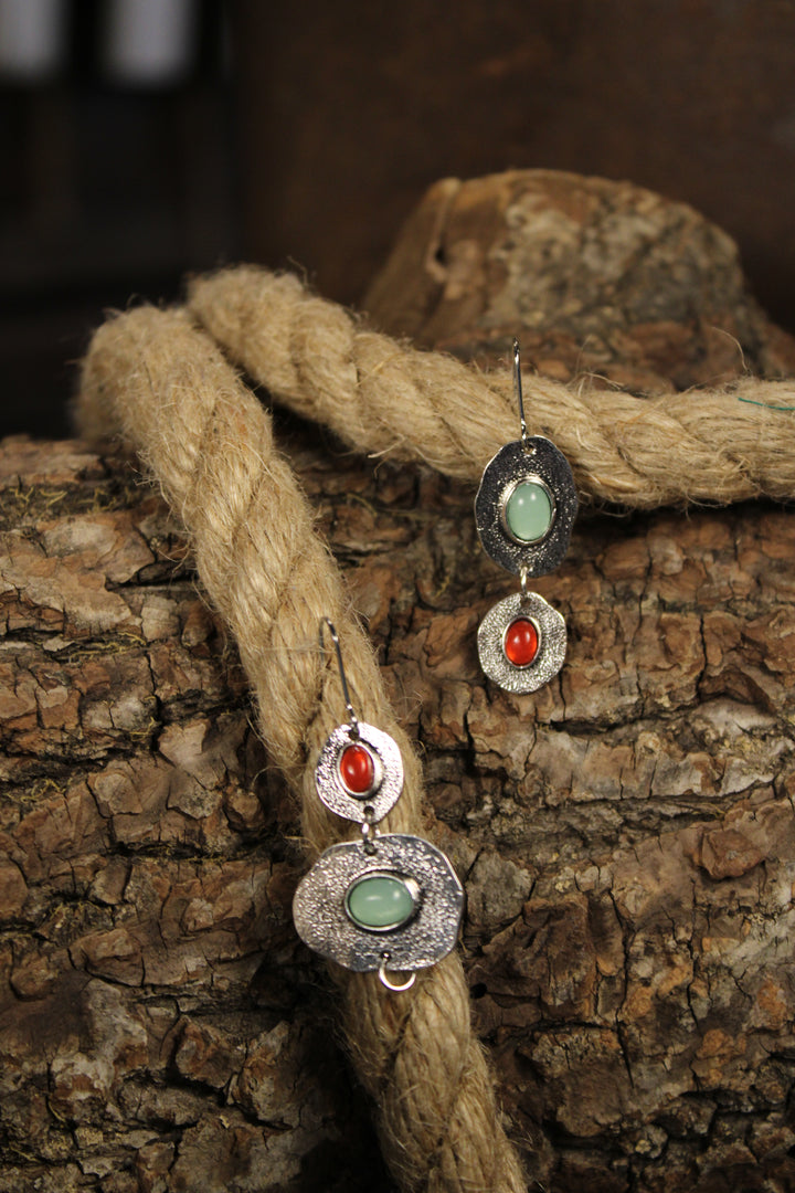 Teal &amp; Crimson Vintage Silver Earrings