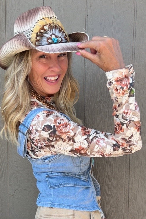 Rustic Oatmeal Blossom Mesh Blouse