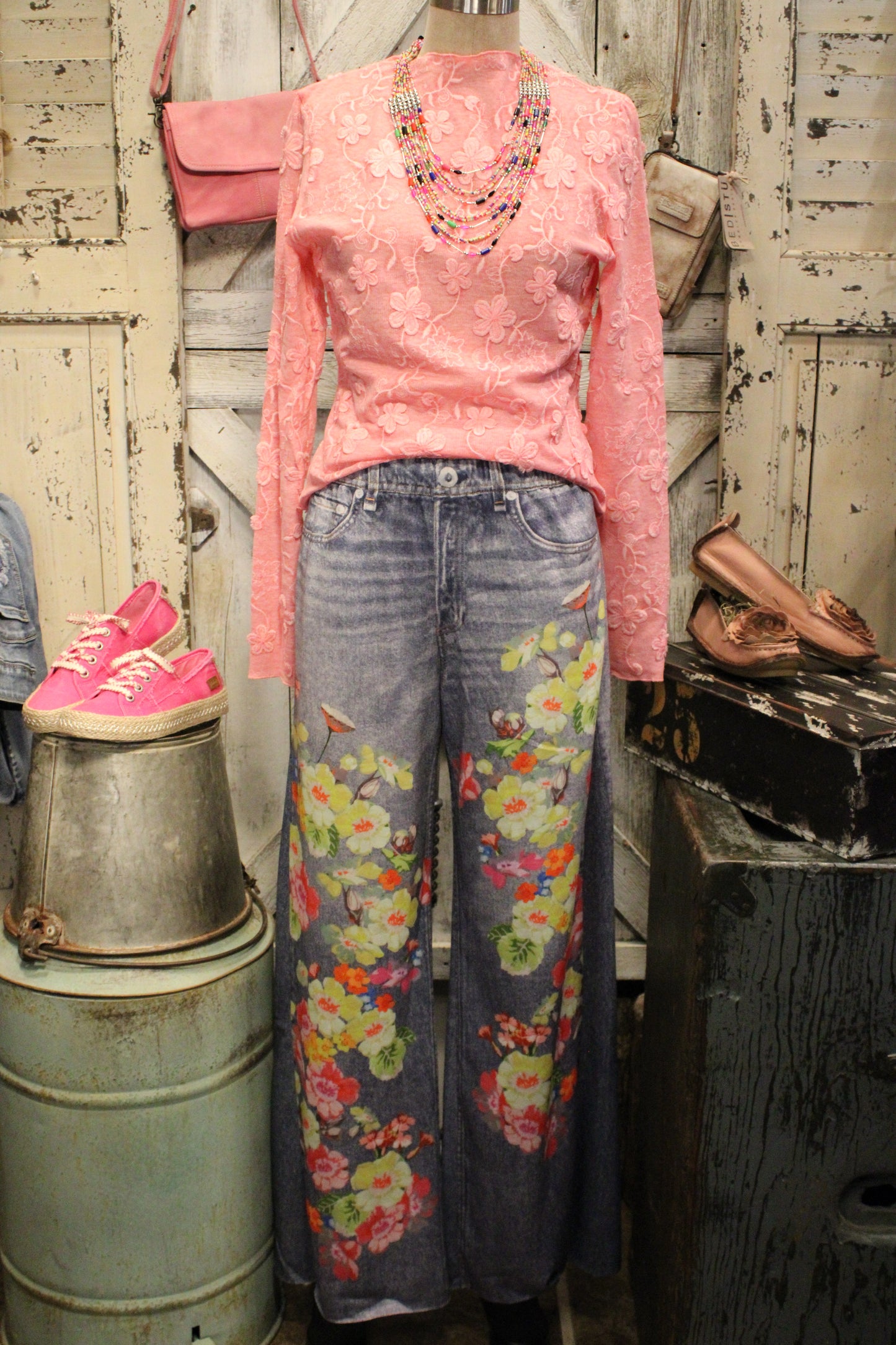 Floral Fantasy Wide Leg Faux Denim Pants