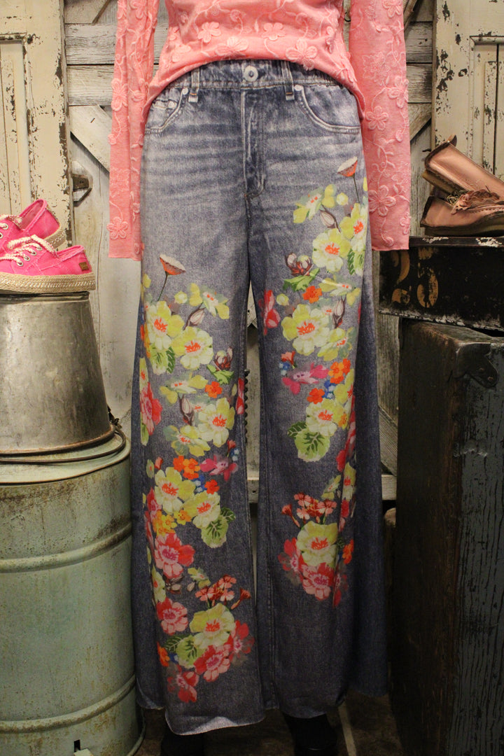 Floral Fantasy Wide Leg Faux Denim Pants