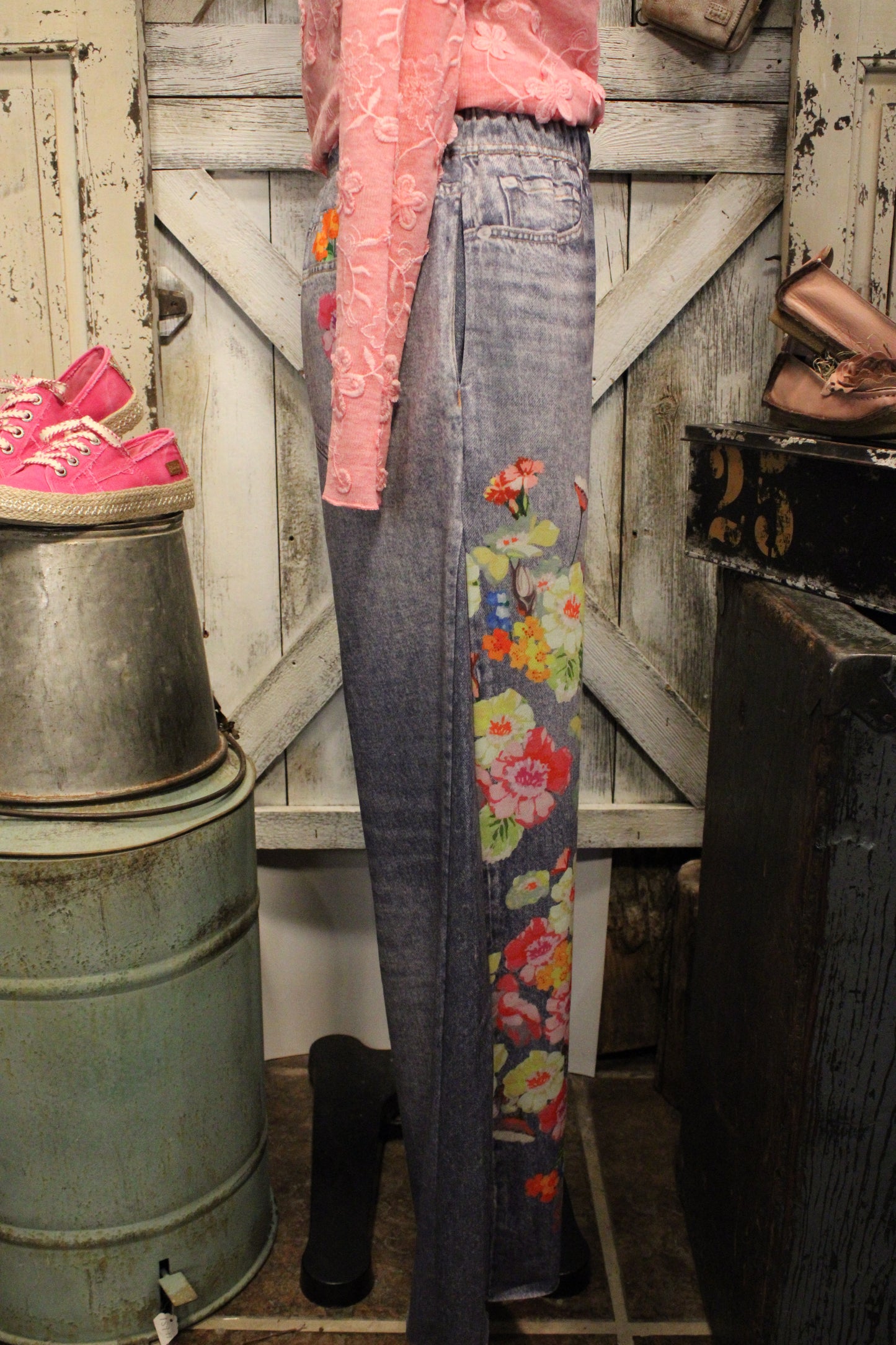 Floral Fantasy Wide Leg Faux Denim Pants