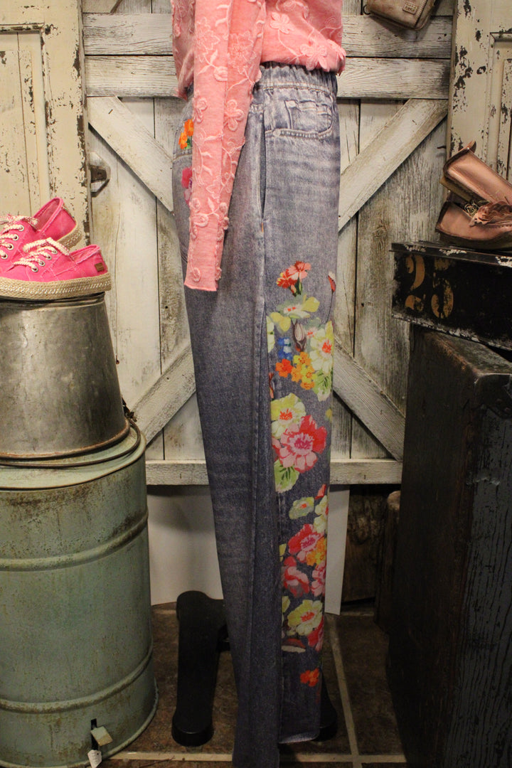 Floral Fantasy Wide Leg Faux Denim Pants