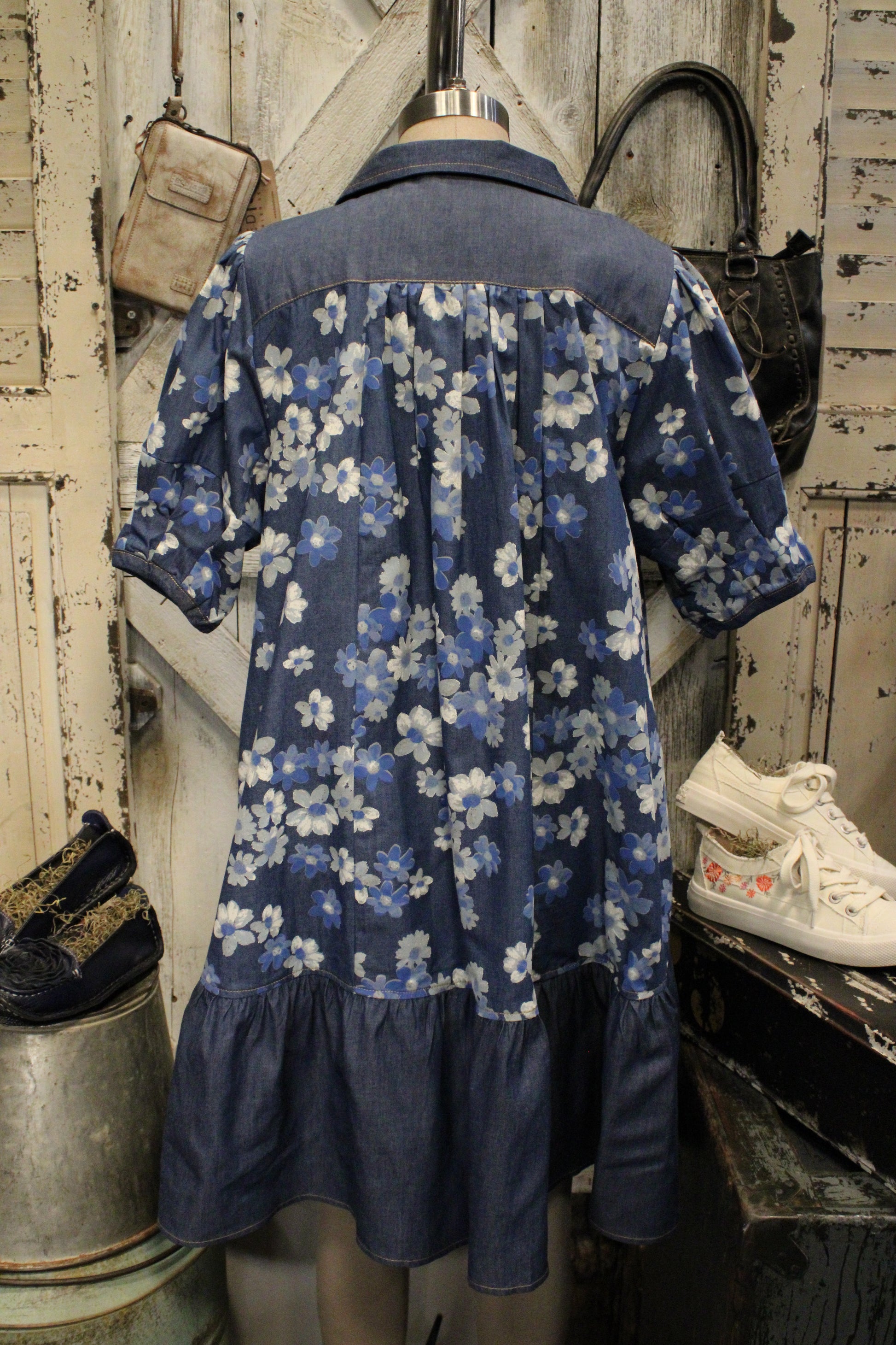 denim dress with daisies Daisy Pleated Midi Dress (Blue Denim)