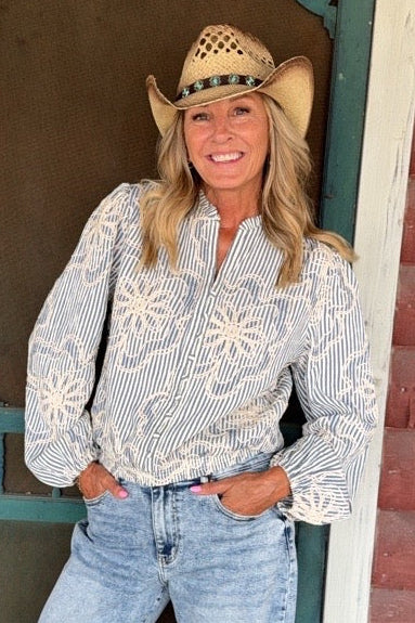 Ivory & Cobalt Stitch Blouse