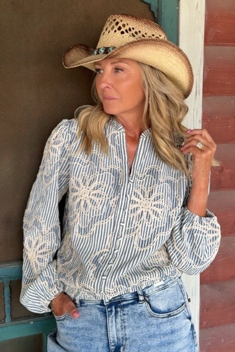 Ivory &amp; Cobalt Stitch Blouse