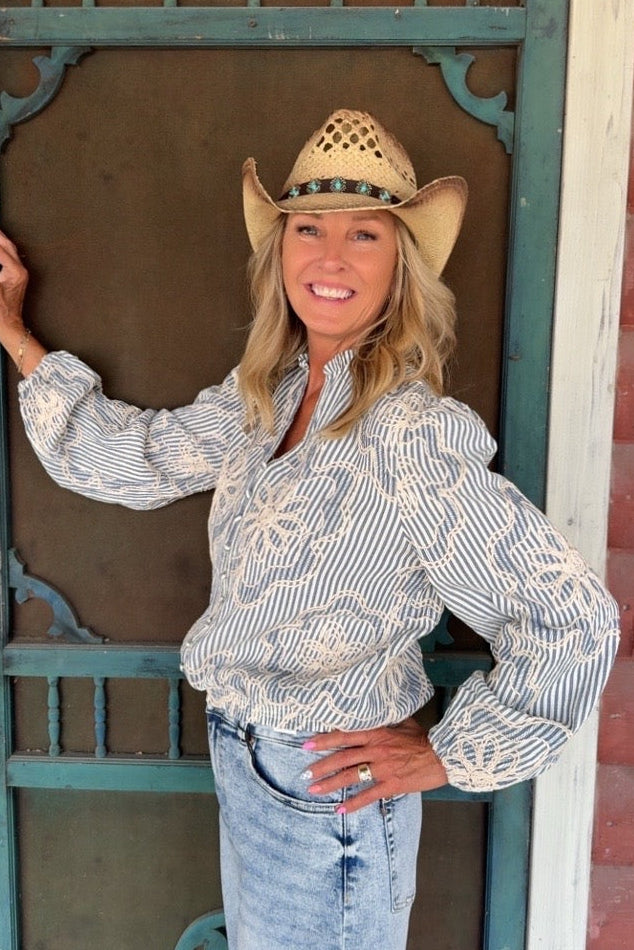 Ivory &amp; Cobalt Stitch Blouse