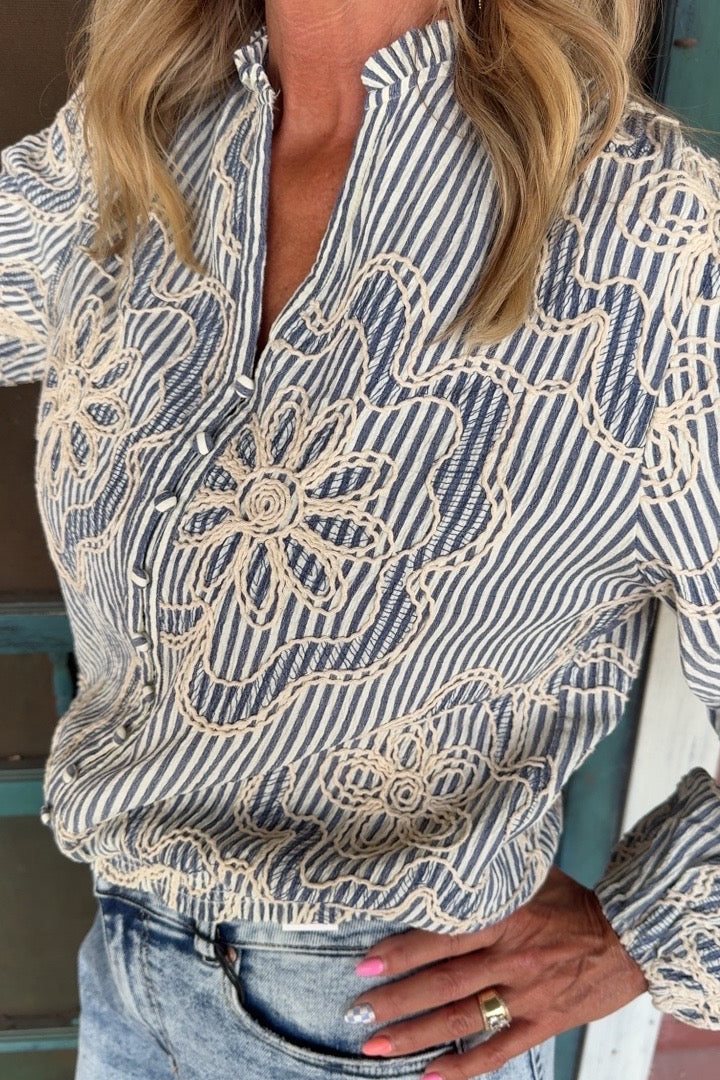 Ivory &amp; Cobalt Stitch Blouse