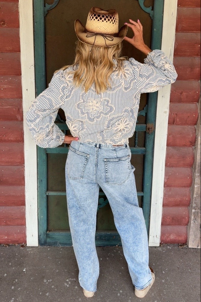 Ivory &amp; Cobalt Stitch Blouse