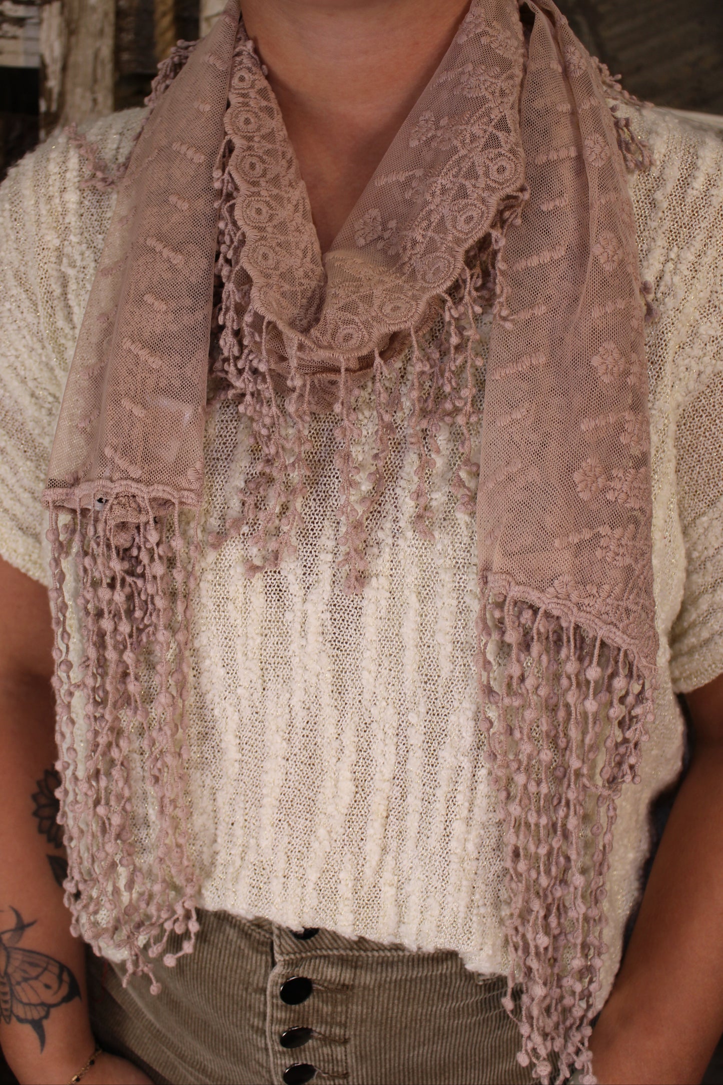Sweet Celeste Taupe Lace Scarf