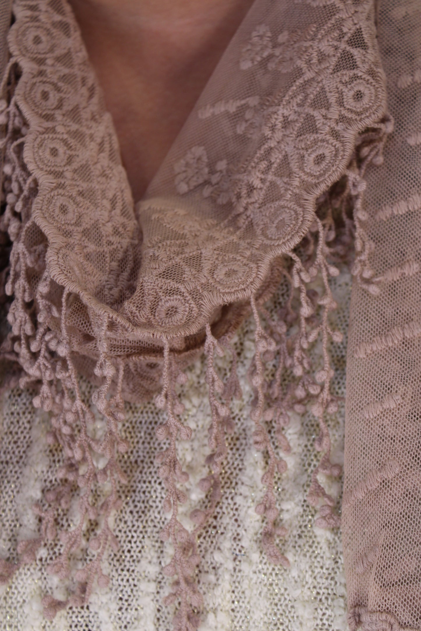 Sweet Celeste Taupe Lace Scarf