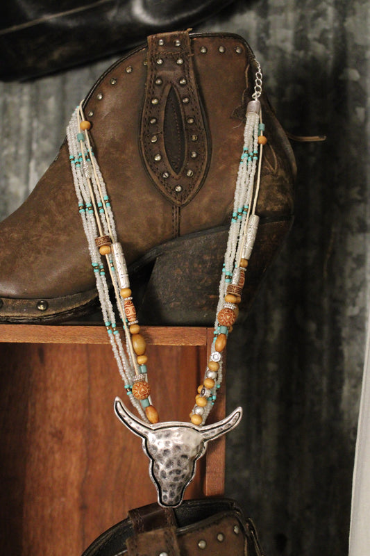 White Polished Prairie Longhorn Necklace