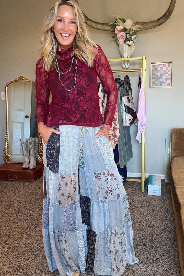 Crimson Bloom Mesh Blouse