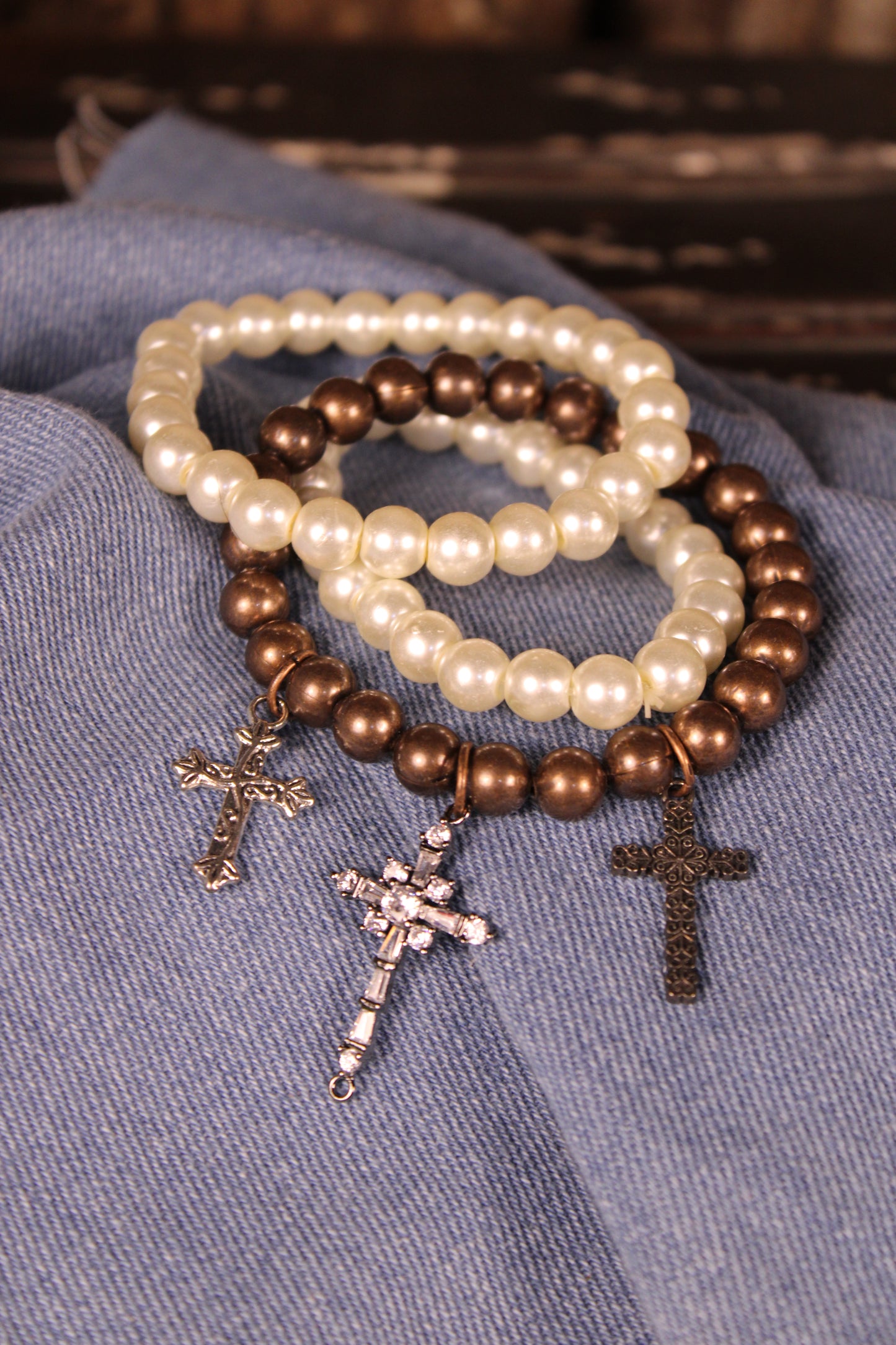 FGO Vintage Pearl Cross Bracelet Set