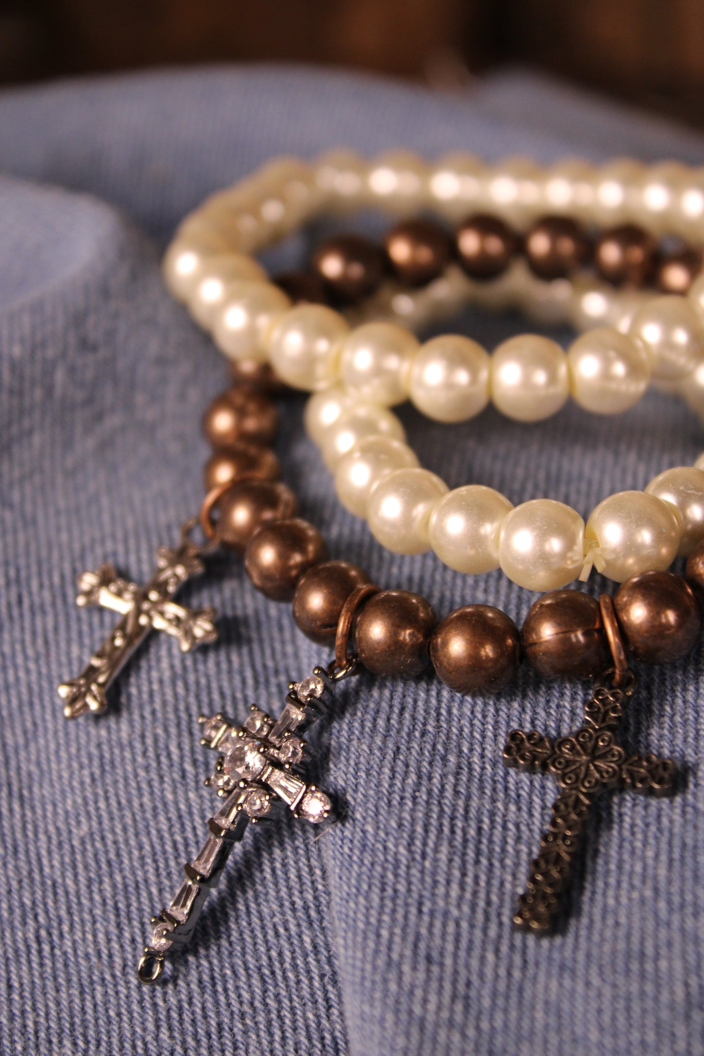 FGO Vintage Pearl Cross Bracelet Set