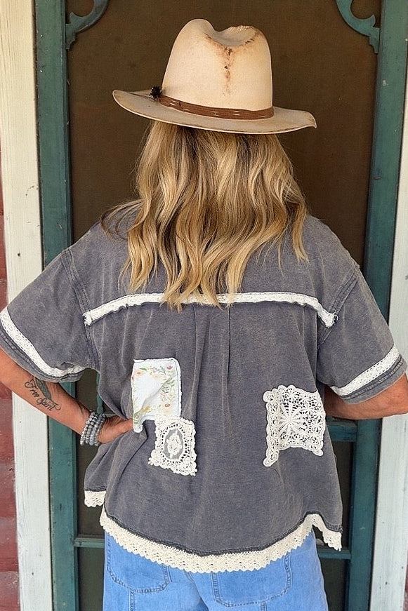 Vintage Charm Blue Cotton Top