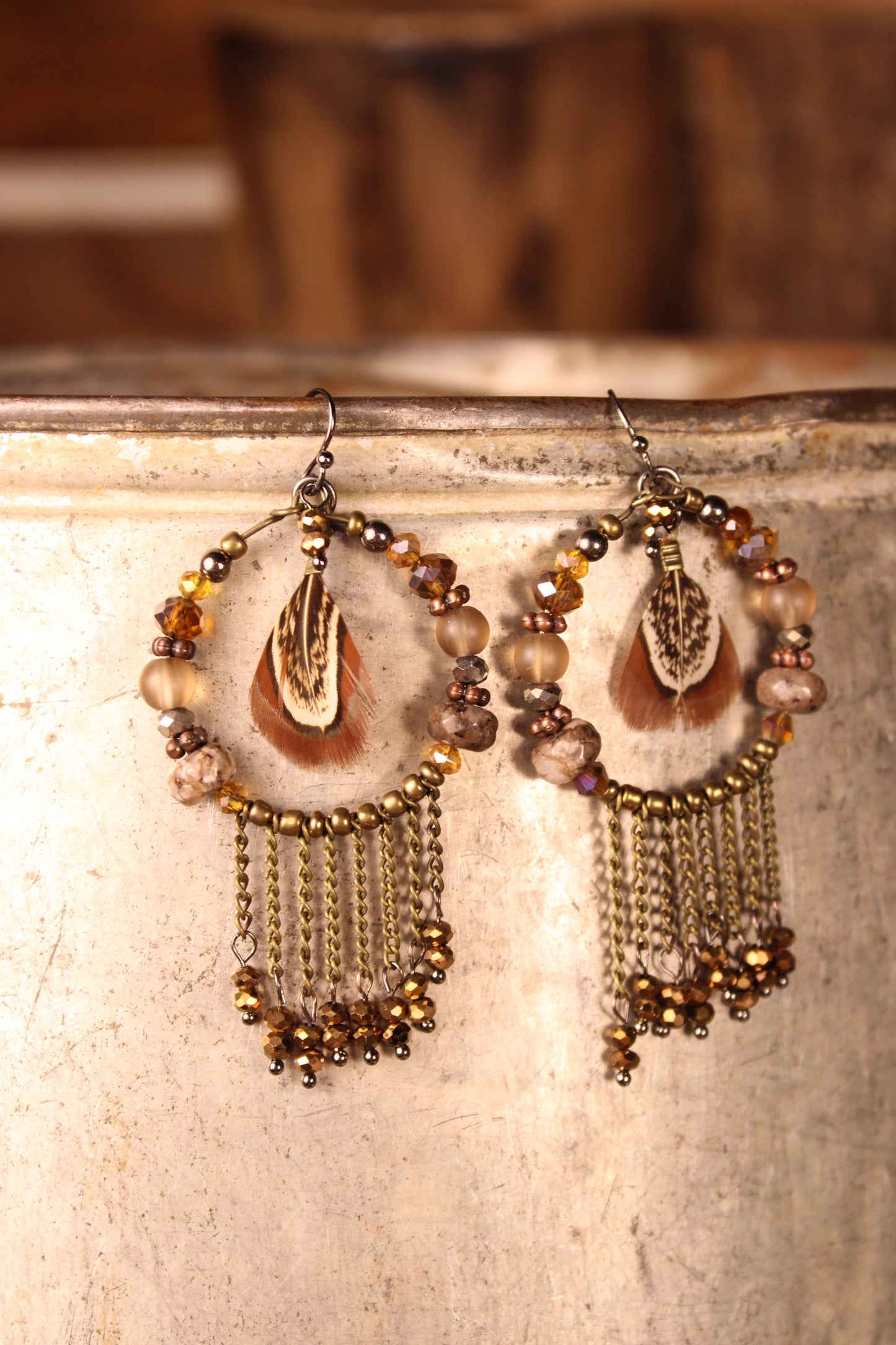 Bronze Feather & Fringe Hoops
