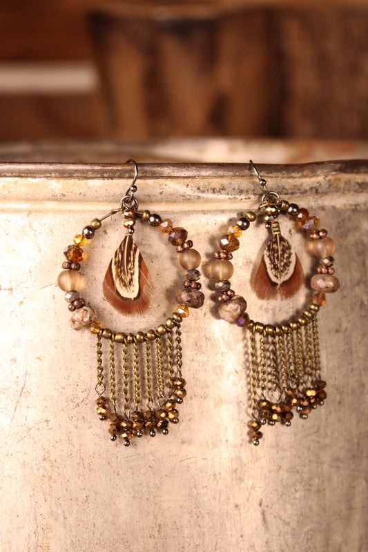Bronze Feather & Fringe Hoops