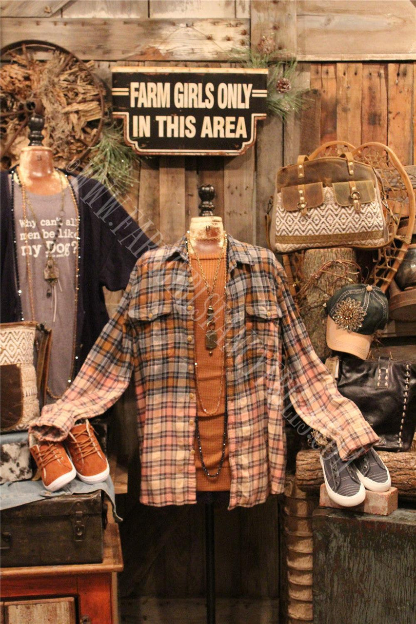 Farm Girls Fancy Frills Limited edition Distressed Plaid With Graphic Back Panel