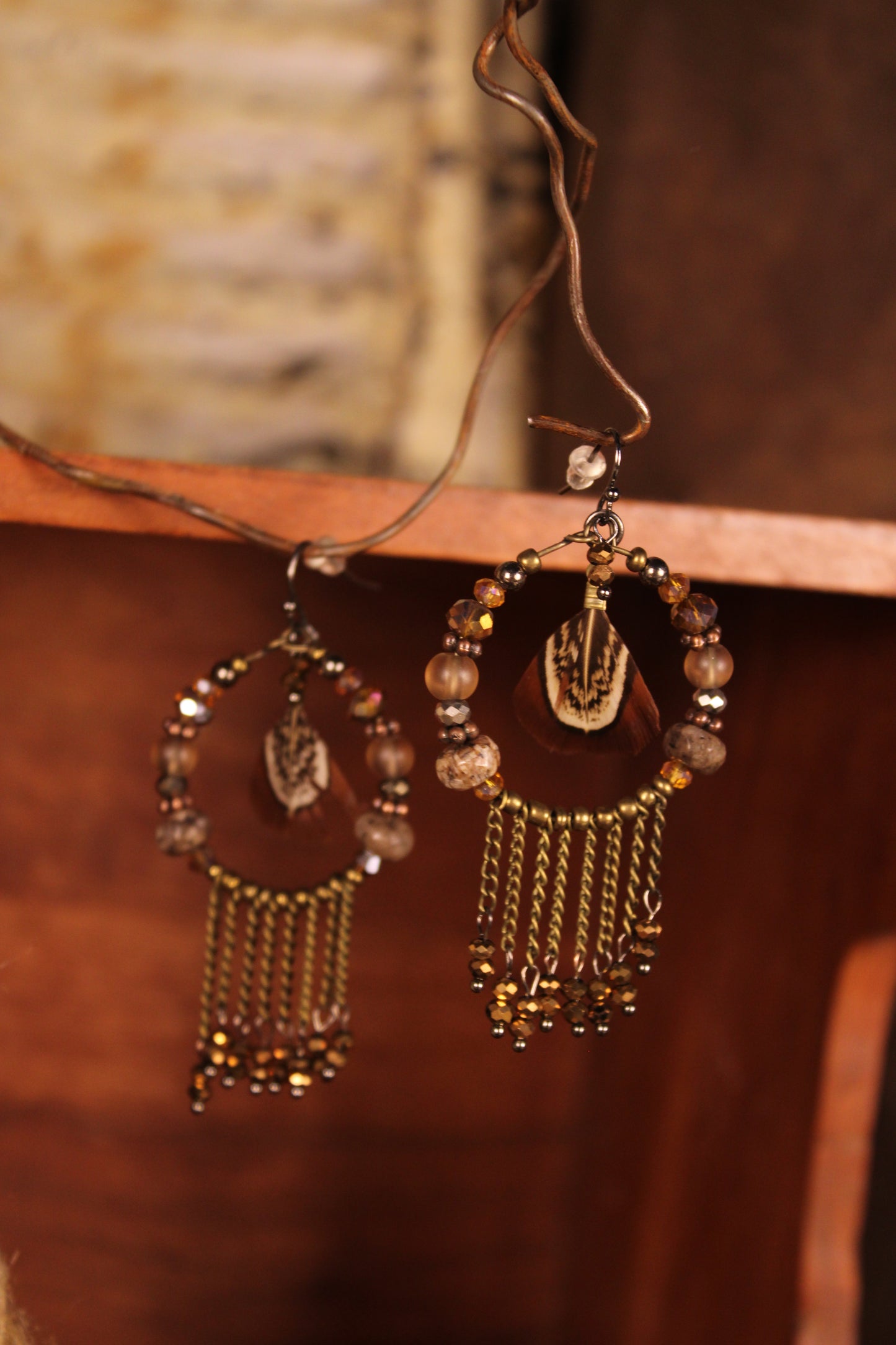 Bronze Feather & Fringe Hoops
