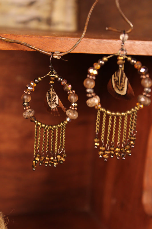 Bronze Feather & Fringe Hoops