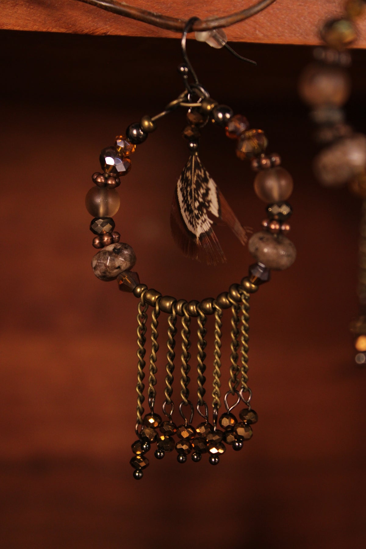 Bronze Feather & Fringe Hoops