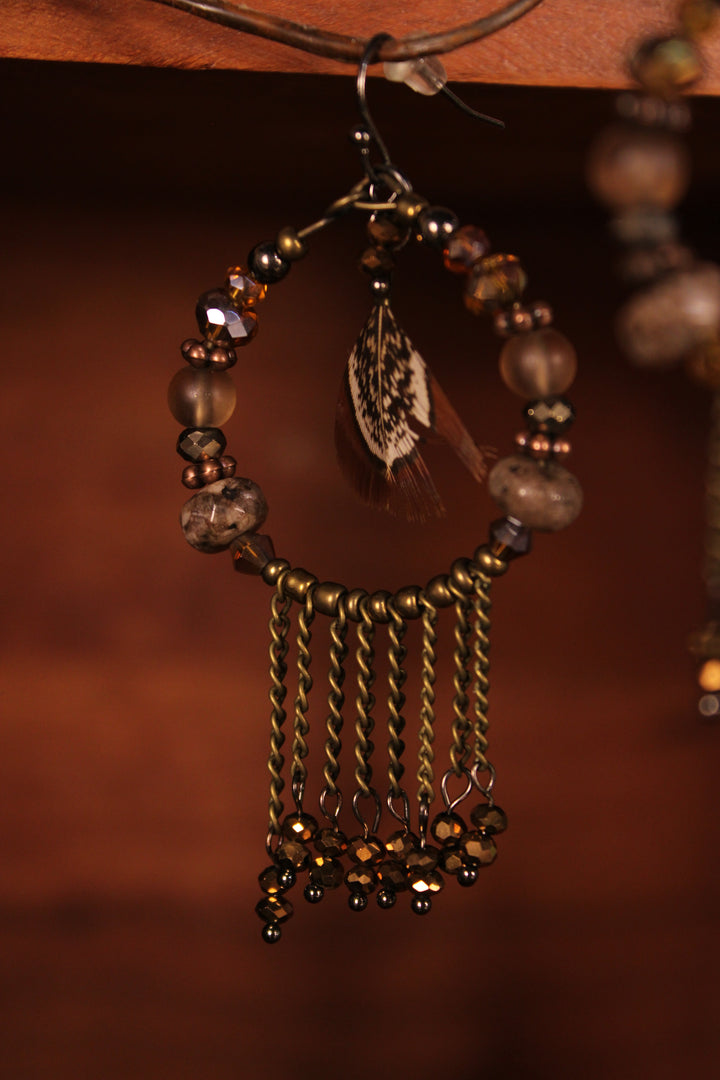 Bronze Feather &amp; Fringe Hoops