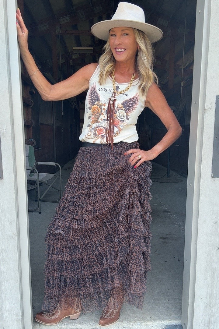 Spotted Elegance Tiered Maxi Skirt