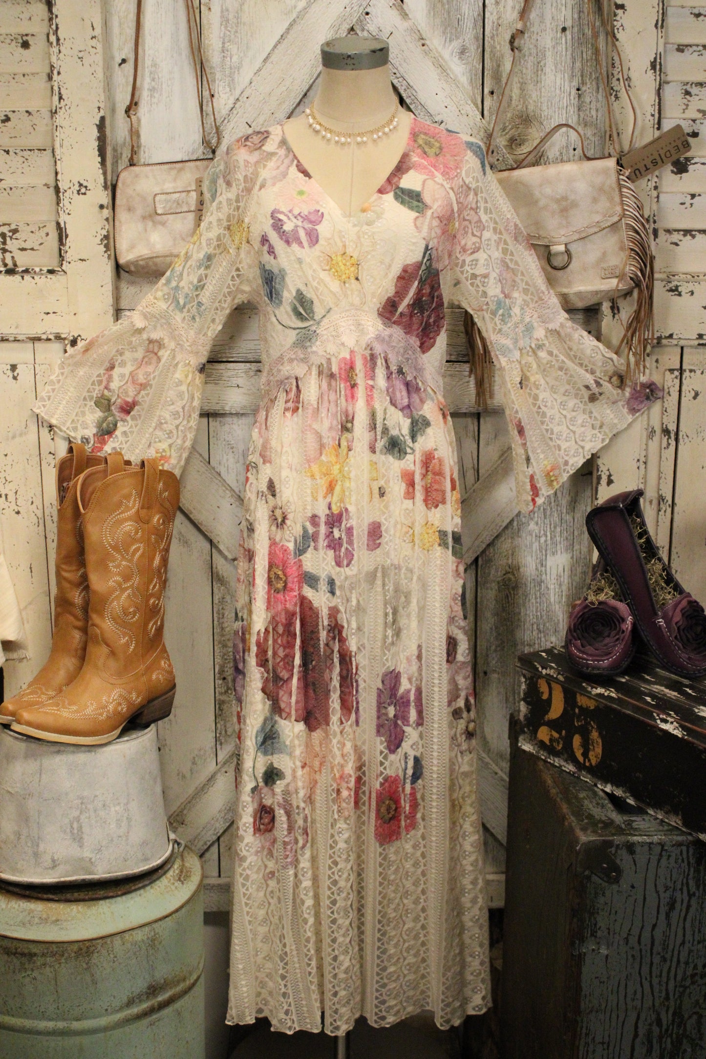 Lead Singer Beige Purple Flower Maxi Dress