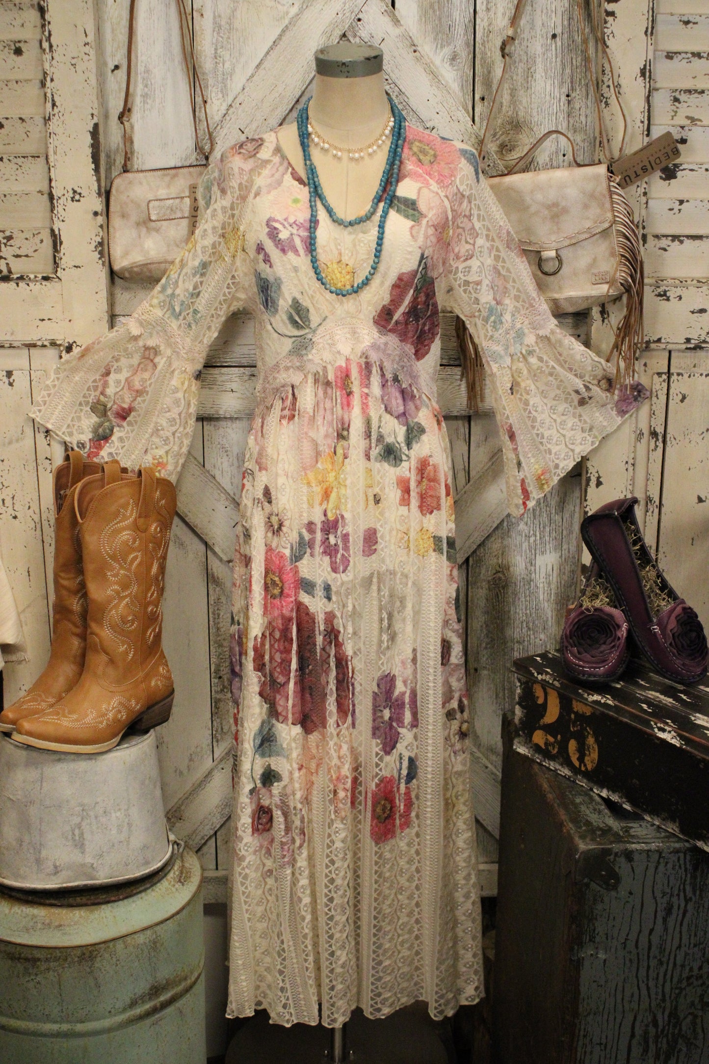 Lead Singer Beige Purple Flower Maxi Dress