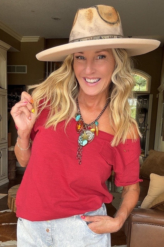 Cranberry Distressed Cotton Tee