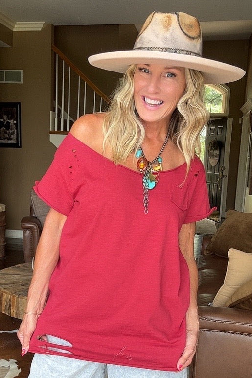 Cranberry Distressed Cotton Tee
