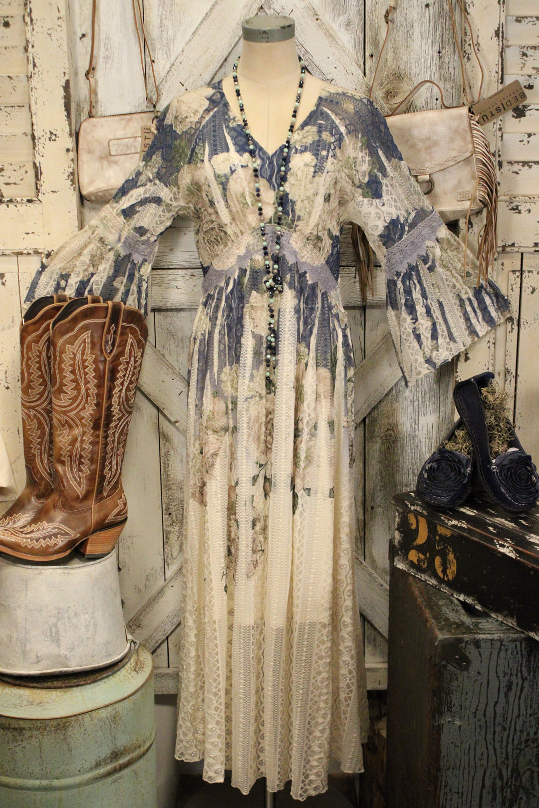 Lead Singer Beige Dark Navy Floral Maxi Dress