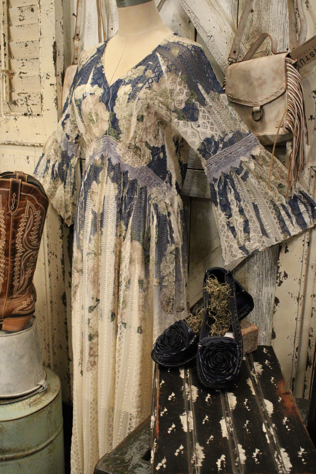 Lead Singer Beige Dark Navy Floral Maxi Dress