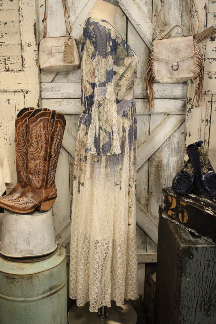 Lead Singer Beige Dark Navy Floral Maxi Dress